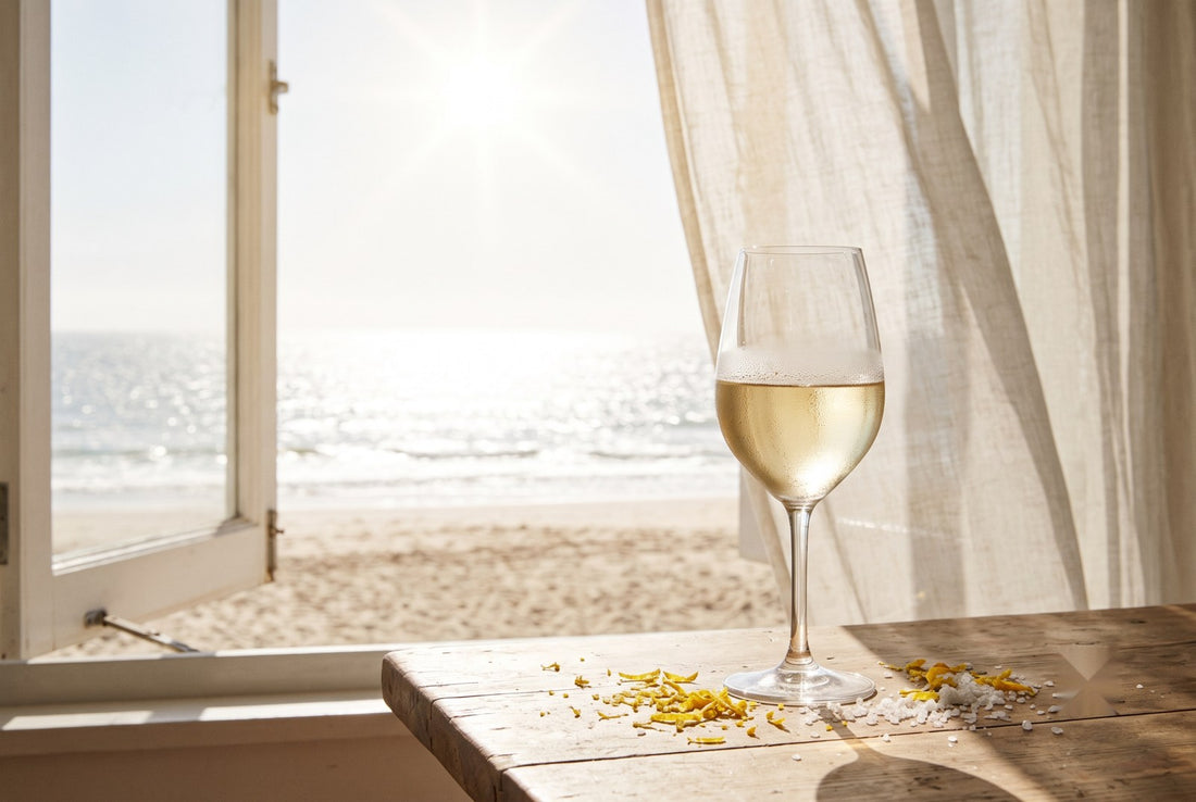 Taça de Albariño gelado à beira-mar — vinho branco uruguaio