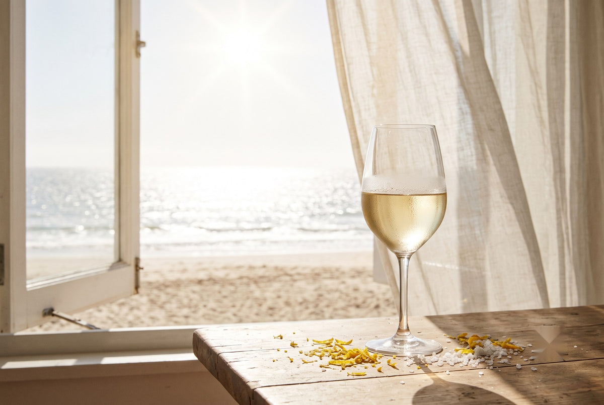 Taça de Albariño gelado à beira-mar — vinho branco uruguaio