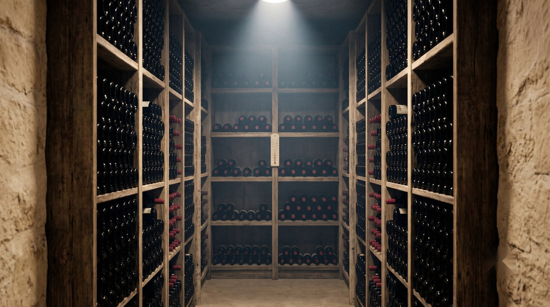 Adega com garrafas e termômetro — como armazenar vinhos