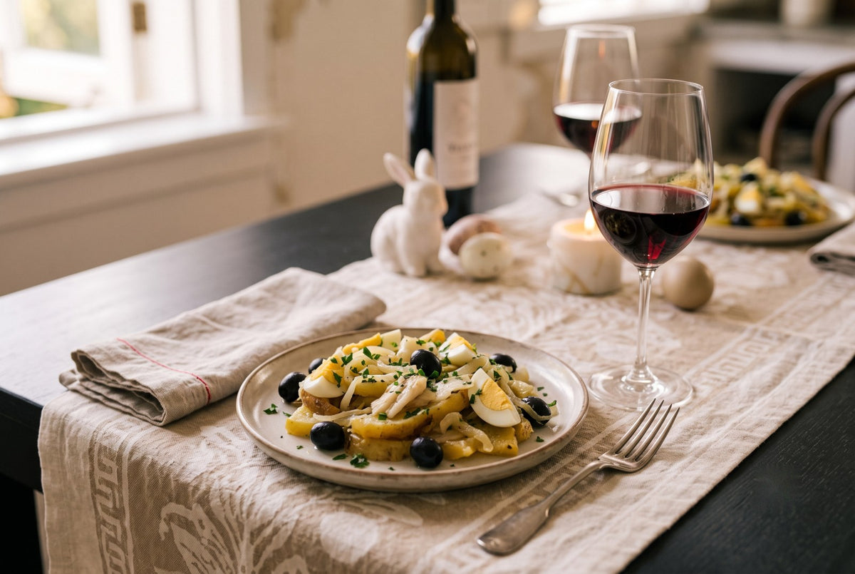 Prato de bacalhau harmonizado com vinho na mesa de Páscoa