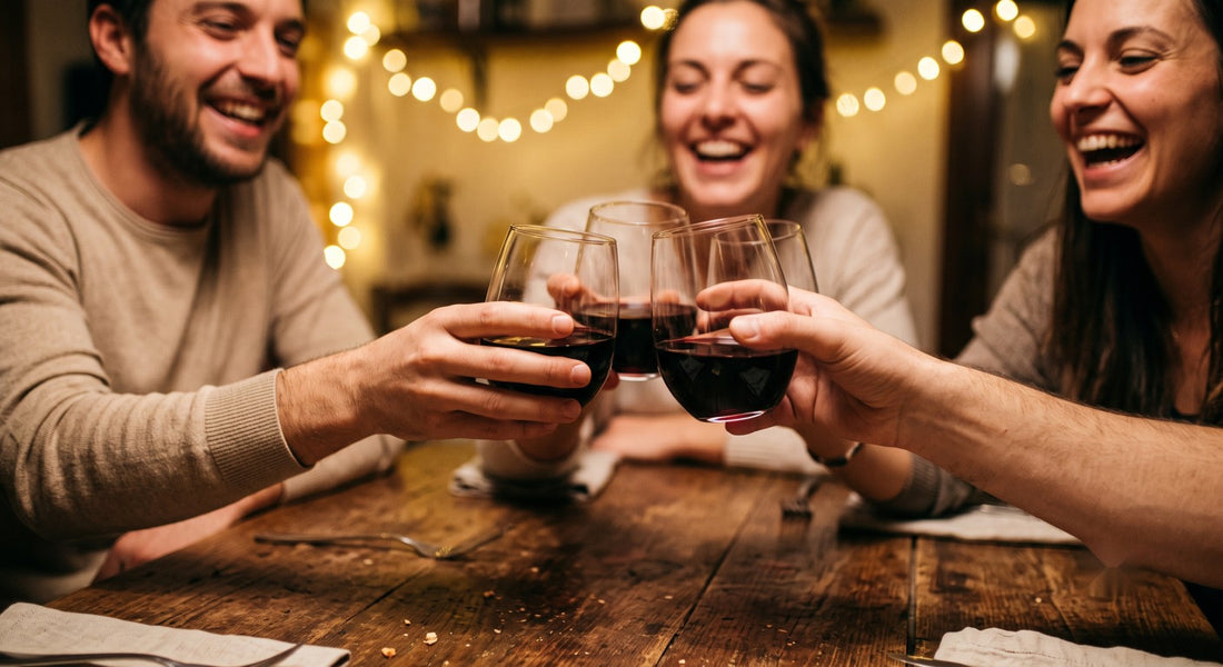 Amigos brindando com vinho tinto — vinhos uruguaios bons e baratos