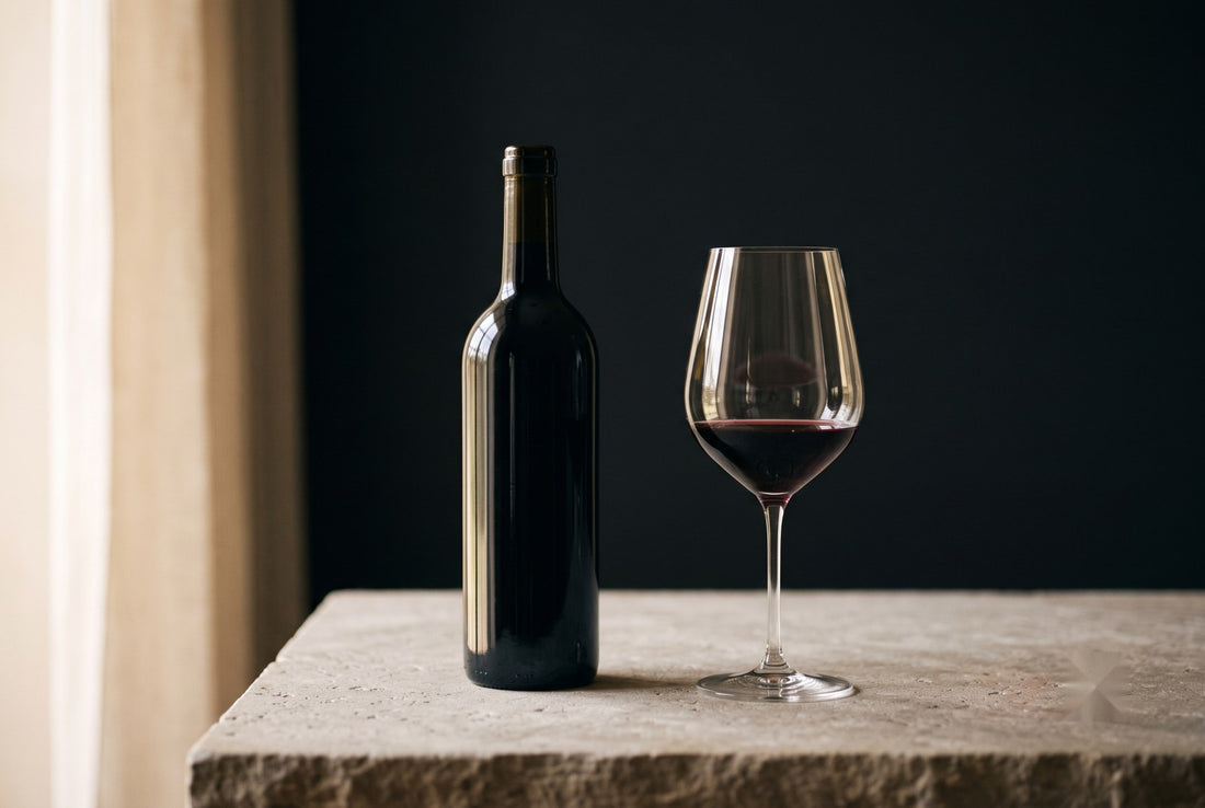 Garrafa e taça de vinho tinto — Carménère ou Cabernet