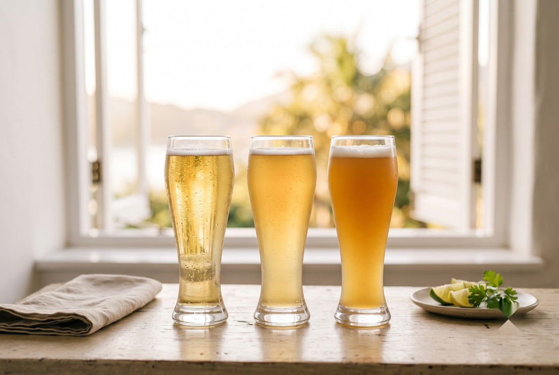 Três copos de cerveja de trigo: Wit, Weisse e Weizen