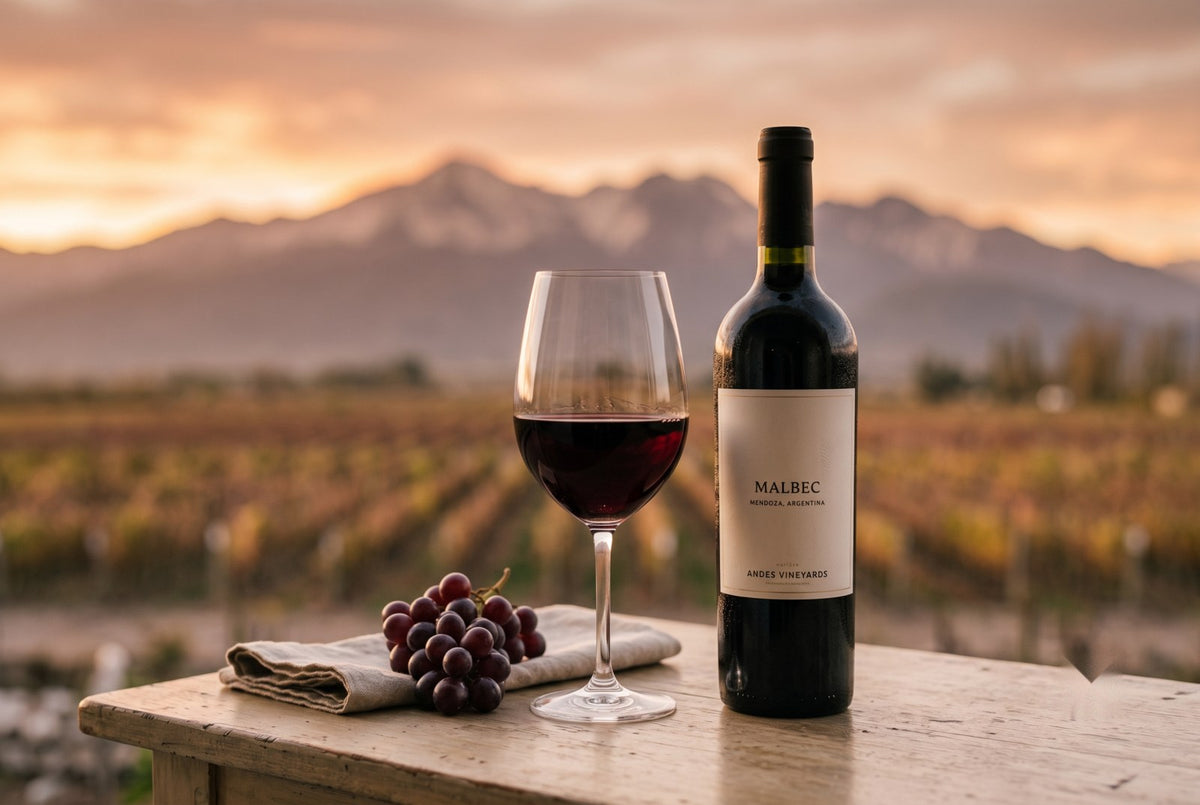 Malbec de Mendoza com vinhedo ao fundo — vinho Cordero con piel de lobo