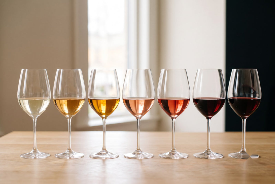 Taças mostrando as cores do vinho, do branco ao tinto