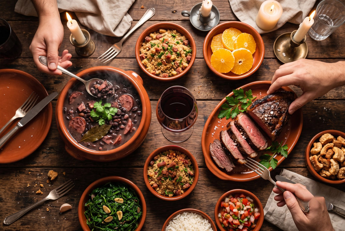 Mesa de comida brasileira com feijoada, picanha e vinho tinto