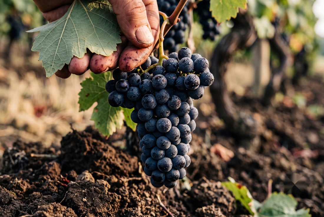 Cacho de uva Manseng Noir na videira — terroir uruguaio