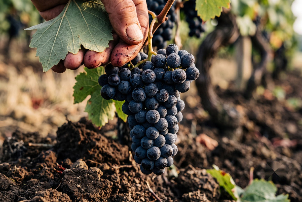 Cacho de uva Manseng Noir na videira — terroir uruguaio