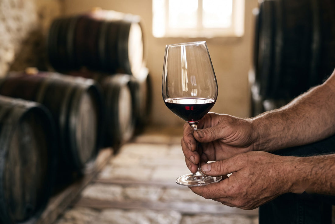 Enólogo degustando vinho tinto na adega de um pequeno produtor