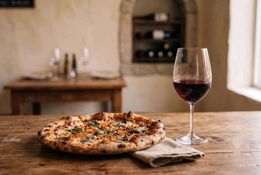 Pizza harmonizada com taça de vinho tinto