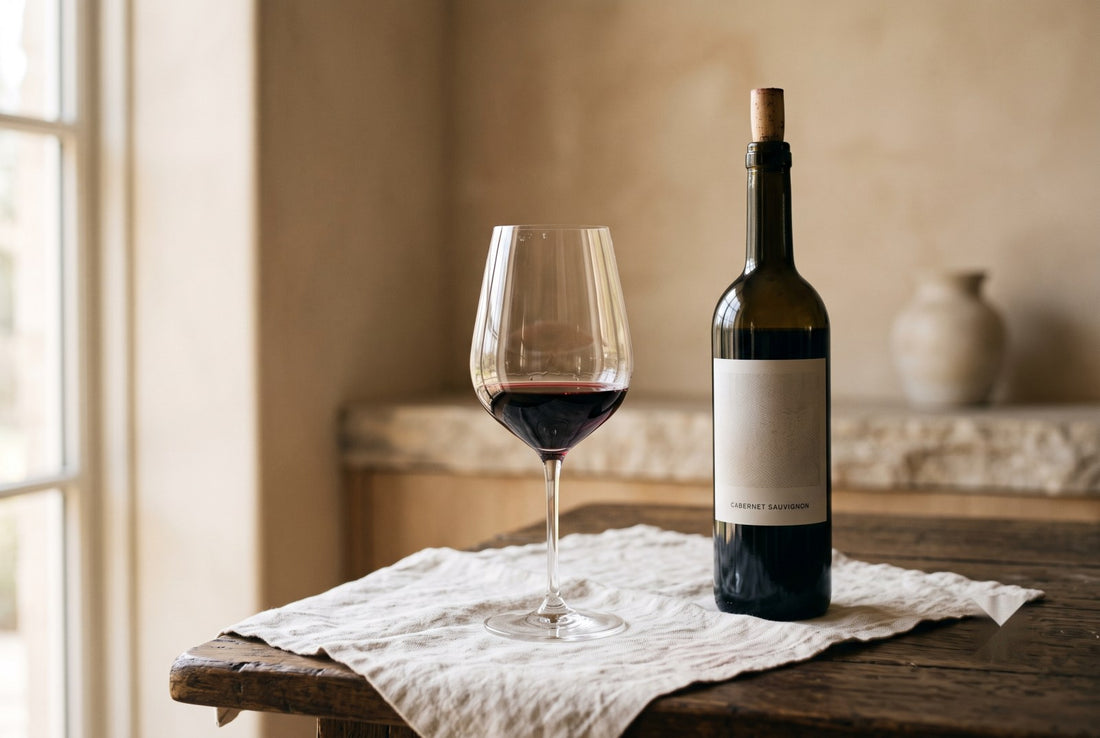 Garrafa e taça de vinho tinto — Tannat ou Cabernet Sauvignon