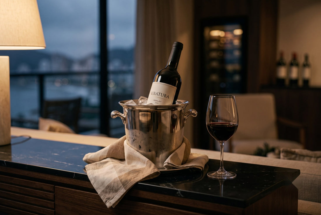 Garrafa de vinho tinto no balde de gelo na temperatura ideal de serviço