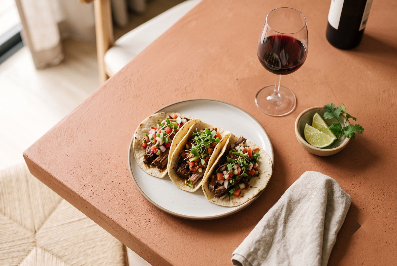 Tacos harmonizados com taça de vinho tinto