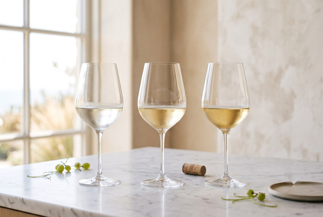 Três taças de vinho branco: Sauvignon Blanc, Chardonnay e Riesling